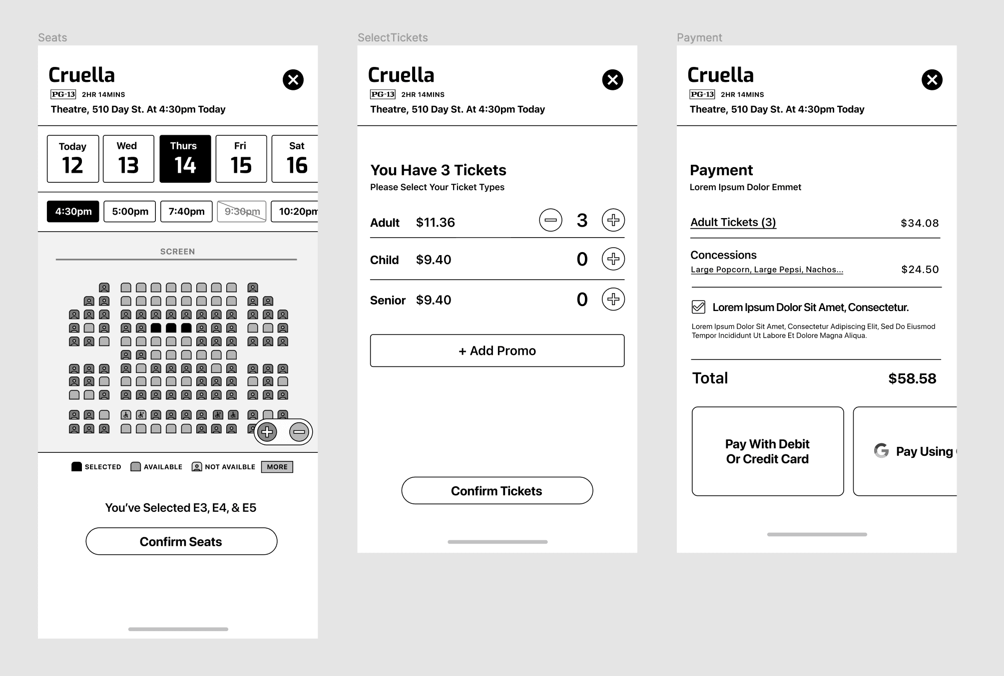 Seat map and selection screens